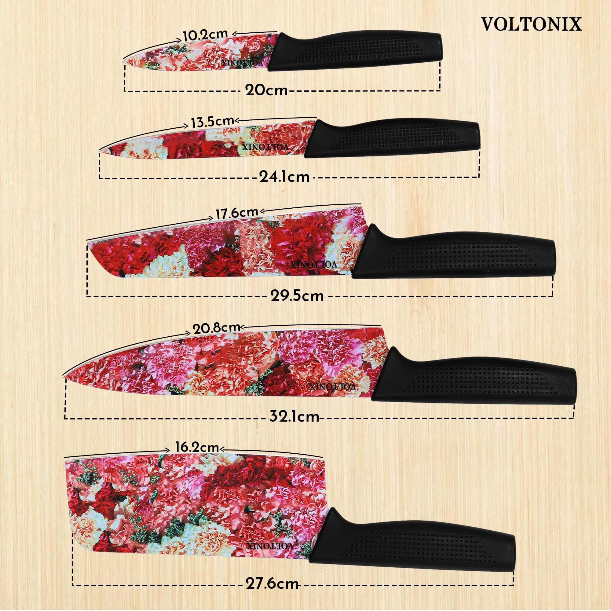Voltonix Kitchen Knife Set Dishwasher Safe, Sharp Stainless Steel Knife Set, Kitchen Knives Sets Professional with Sheaths 5 Piece Rainbow Non Stick(Indian-Red Spice)