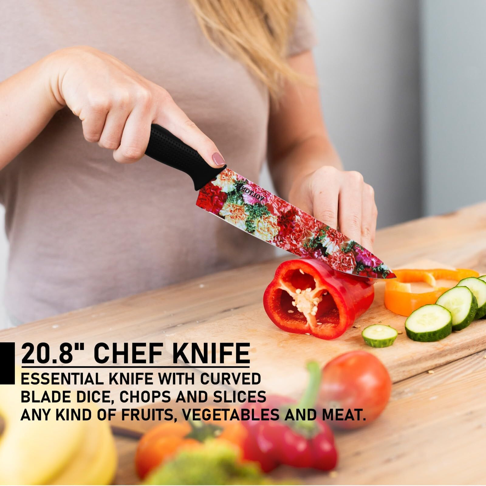 Voltonix Kitchen Knife Set Dishwasher Safe, Sharp Stainless Steel Knife Set, Kitchen Knives Sets Professional with Sheaths 5 Piece Rainbow Non Stick(Indian-Red Spice)