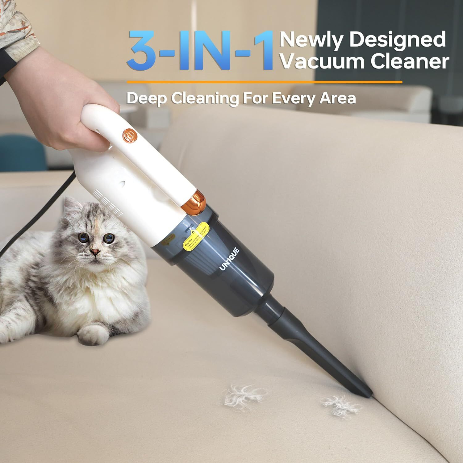 UN1QUE 3 in 1 Handheld Vacuum Cleaner for Home,500W Powerful Motor with 15000PA Suction,Dry Vacumming,Portable Lightweight Handheld Vacuum Small Size,Deep Clean for Curtains,Sofa,Floors(0.8L Filter)