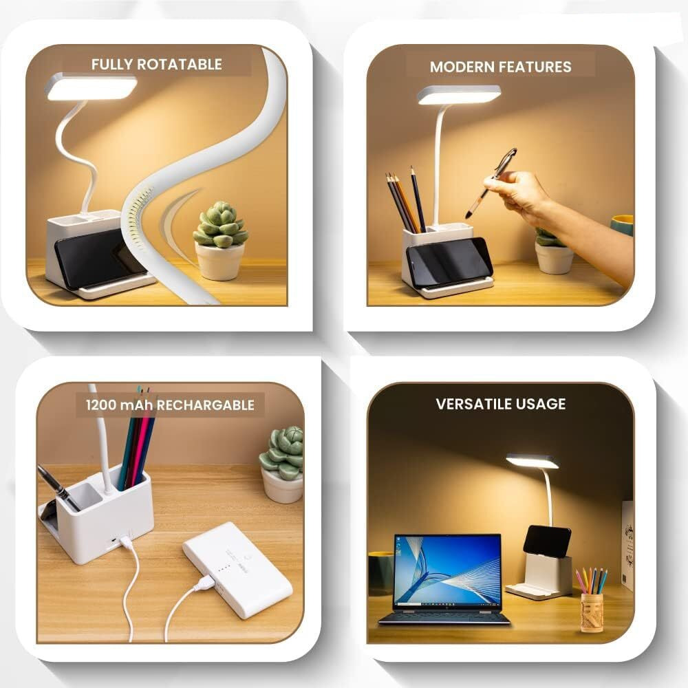 AL-AFANDI Desk Lamp/Study Lamp/Touch Lamp/Rechargeable Table Lamp Student Eye Protection & Phone Holder Pen Pencil Marker Holder Stand Lamp 3 Colour Light Modes - White
