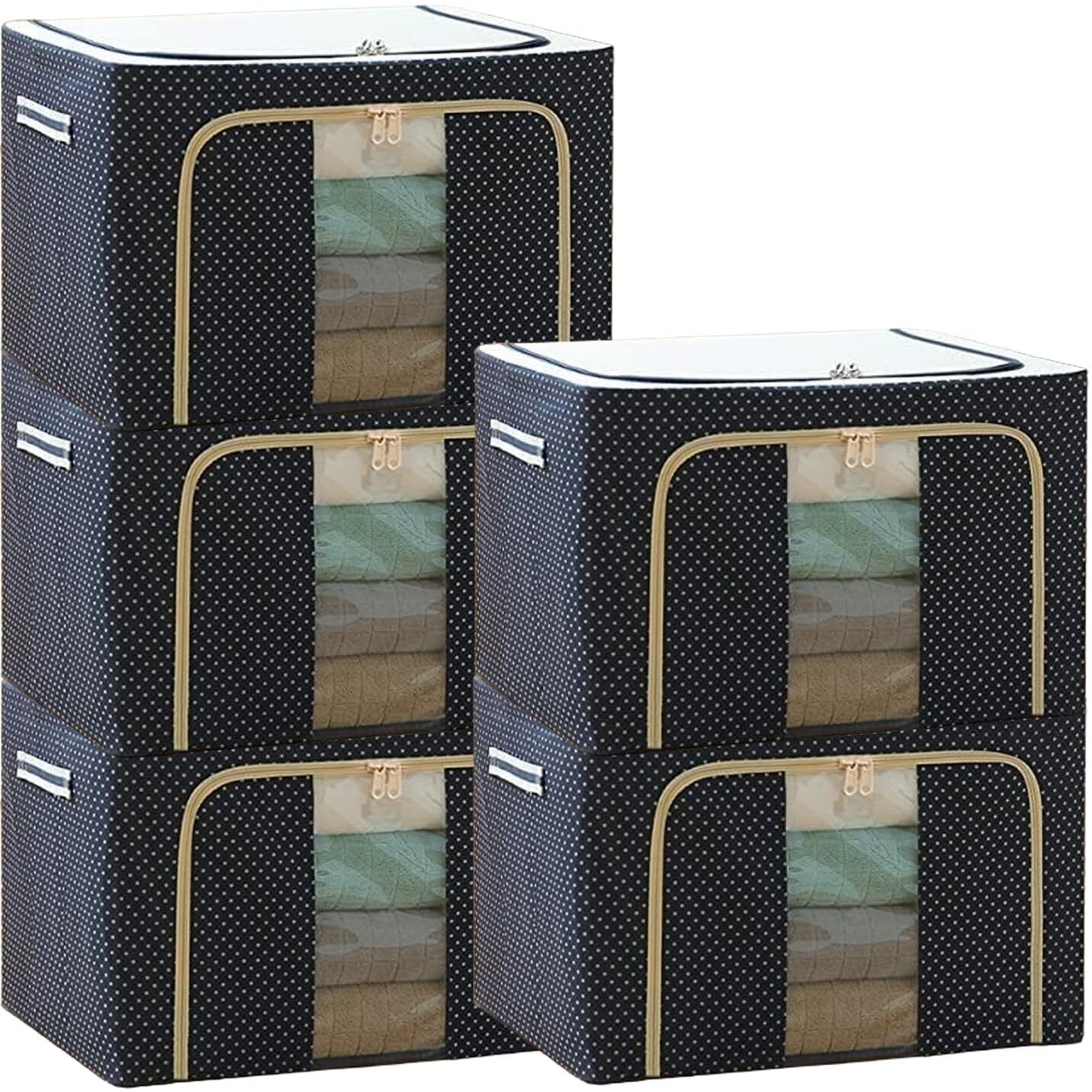 Clothes Organiser For Wardrobe 66 Liter Large Storage Box For Clothes Foldable Steel Frame Wardrobe Organizer Cloth Box With Zipper With Handle Organizer (66 Ltr - Pack of 5)