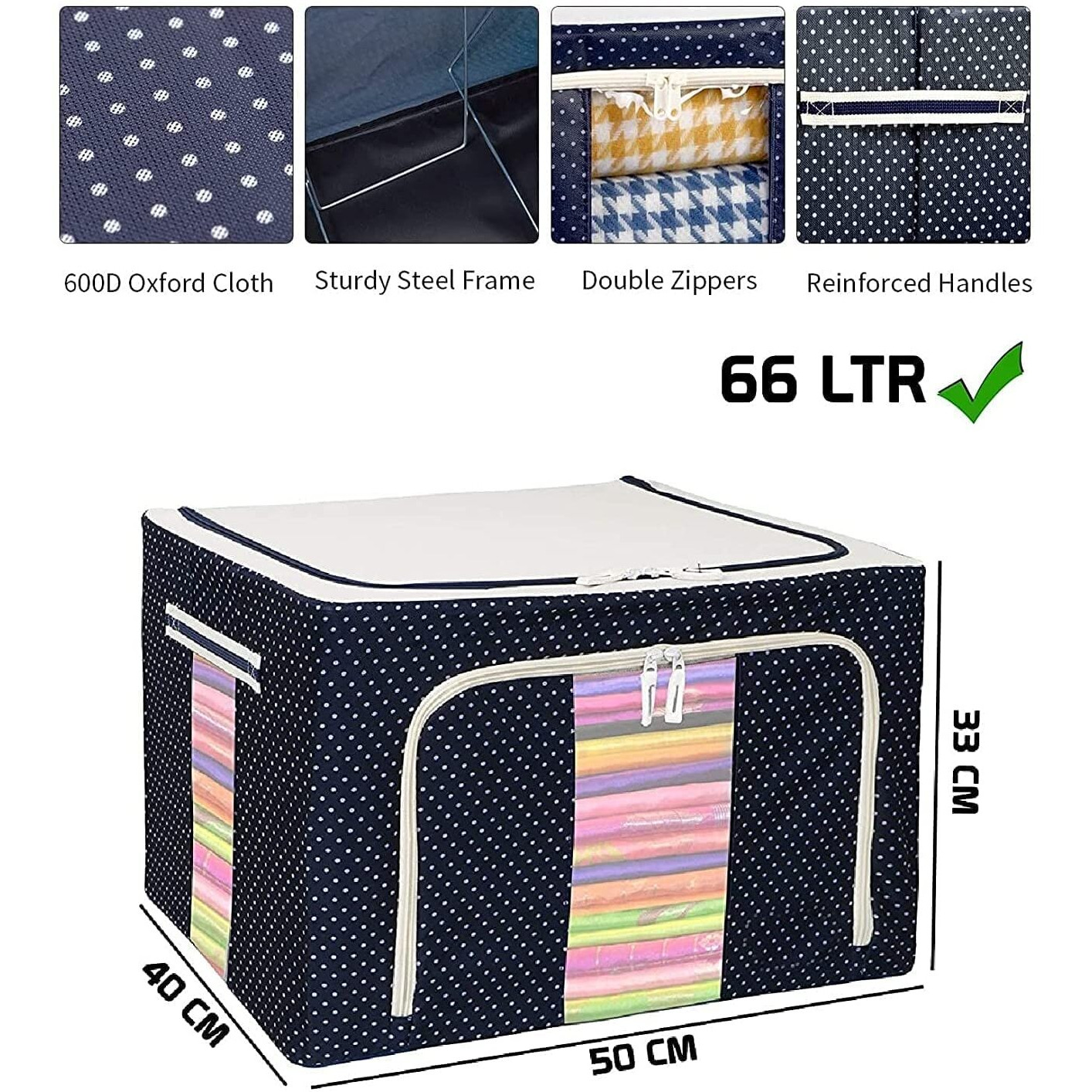 Clothes Organiser For Wardrobe 66 Liter Large Storage Box For Clothes Foldable Steel Frame Wardrobe Organizer Cloth Box With Zipper With Handle Organizer (66 Ltr - Pack of 5)