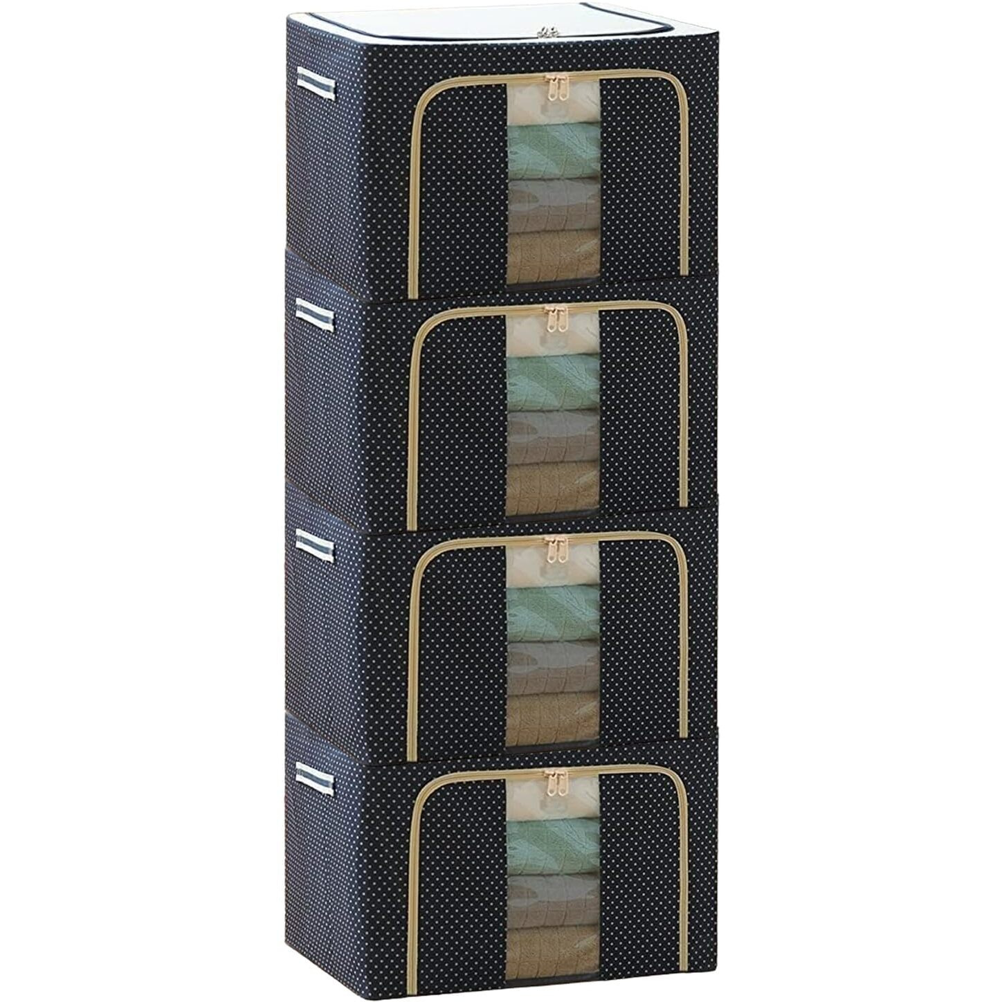 Clothes Organiser For Wardrobe 66 Liter Large Storage Box For Clothes Foldable Steel Frame Wardrobe Organizer Cloth Box With Zipper With Handle Organizer (66 Ltr - Pack of 4)