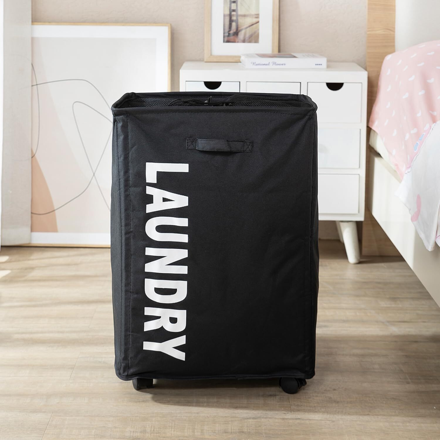 HOKIPO Foldable Laundry Hamper with Wheels, Black (AR-4858-BLK)