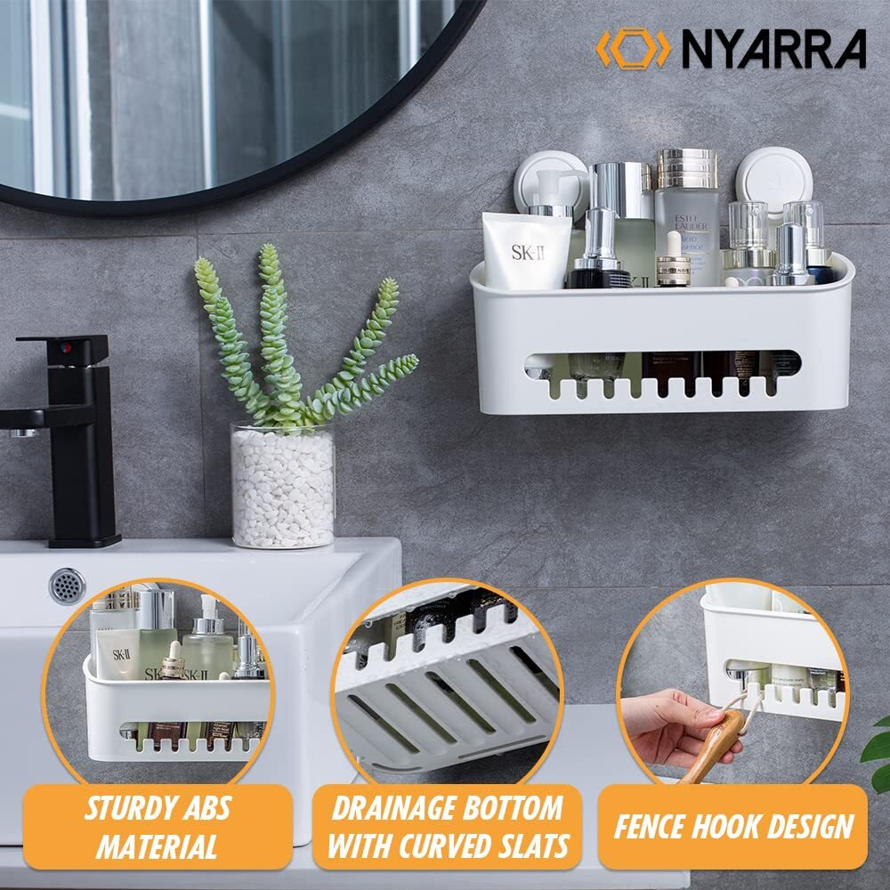 Nyarra Vacuum Suction Shower Caddy for Bathroom Hanging - Drill-Free Installation, Removable, Suction Shelf for Bedroom - Wall Mount Storage Baskets for Kitchen - Shampoo Rack, Toiletries Holder - [NR-0558]