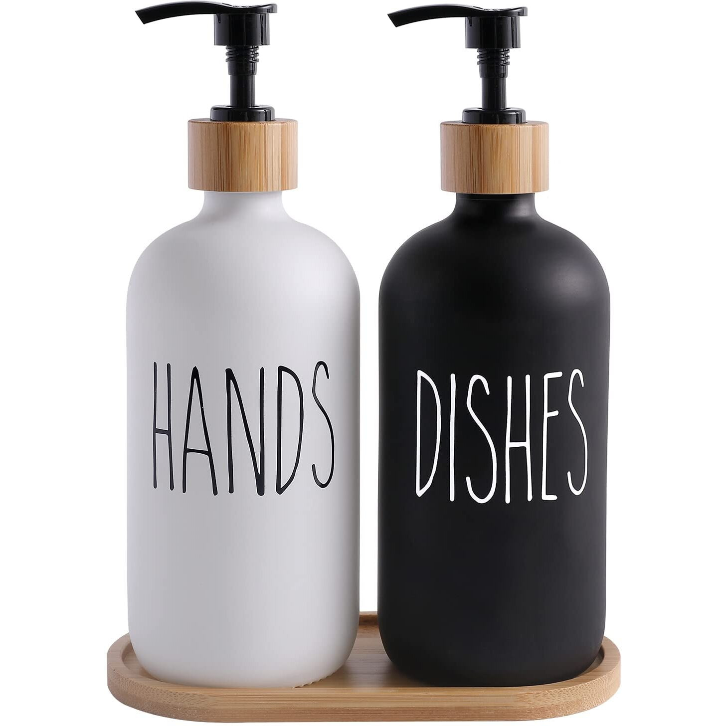 Store2508 Hands & Dishes Liquid Soap Dispenser Set with Bamboo Tray