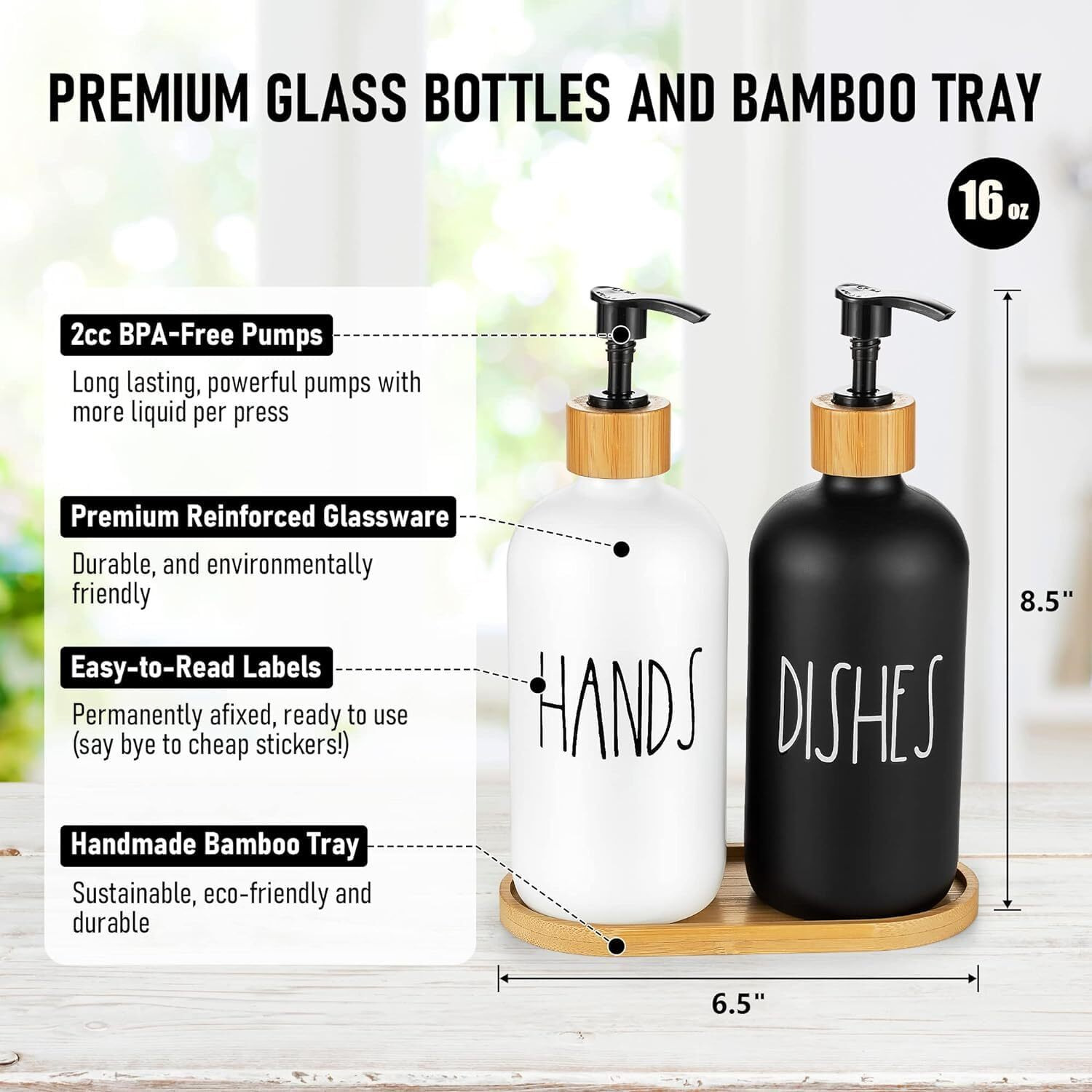 Store2508 Hands & Dishes Liquid Soap Dispenser Set with Bamboo Tray