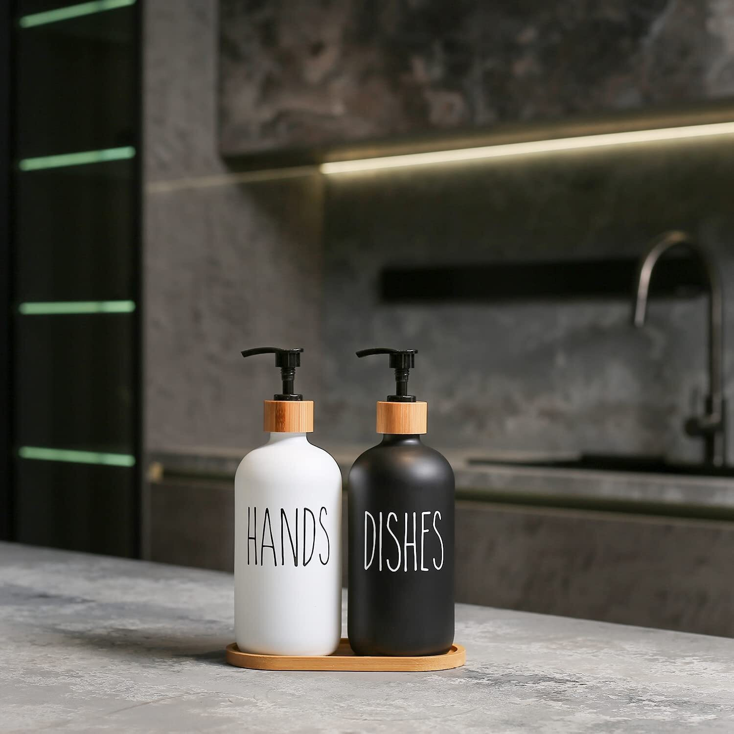 Store2508 Hands & Dishes Liquid Soap Dispenser Set with Bamboo Tray
