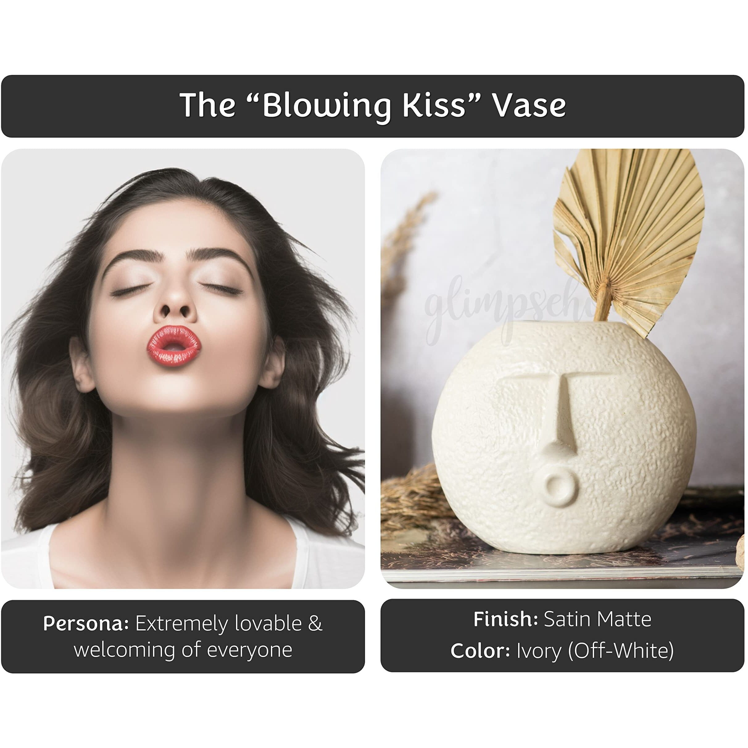 Glimpse Homes Ceramic Flower Vase | Set of 2 | Upbeat Face Vase 5.5 inches & Blowing Kiss Face Vase 6 inches (White, Satin Matte Finish)