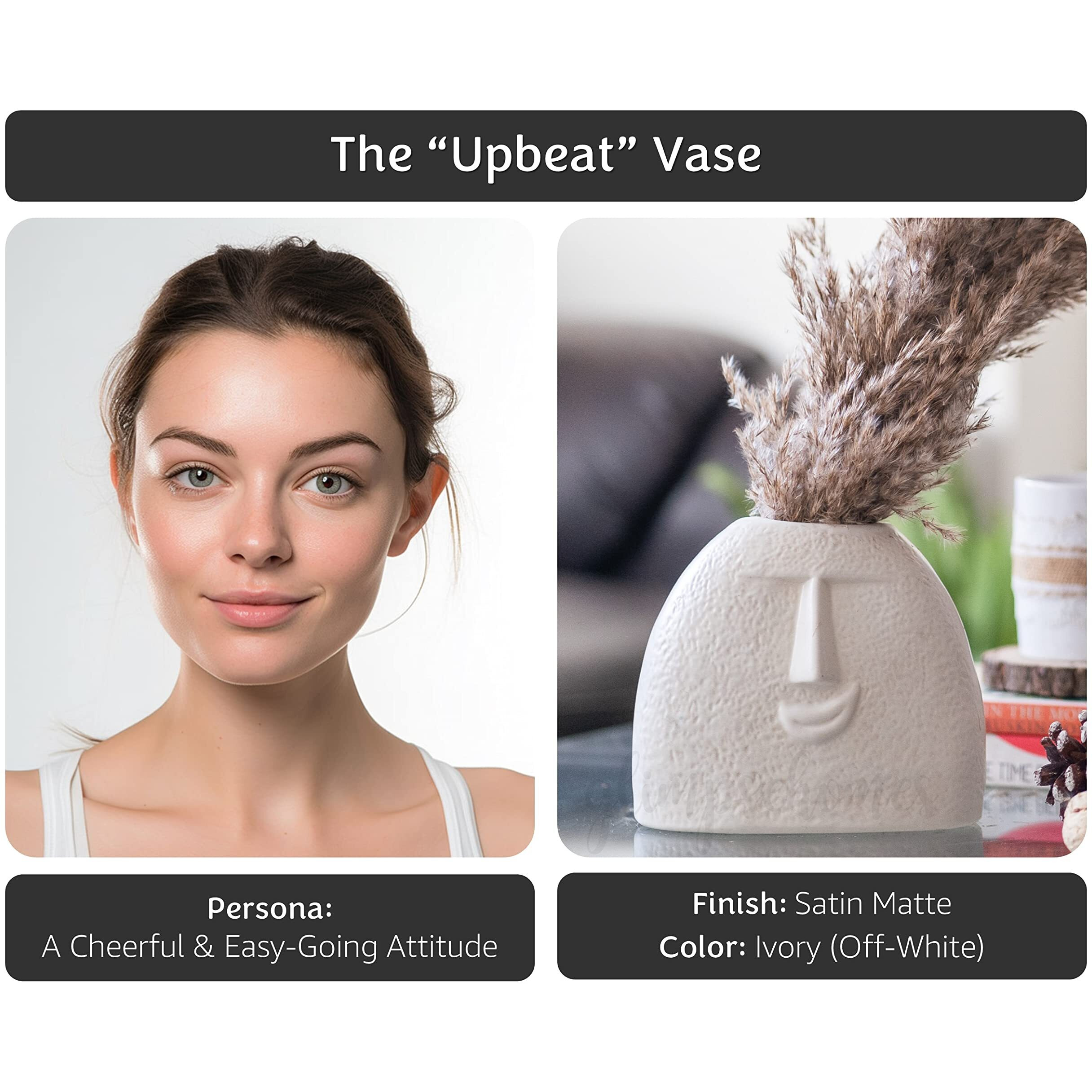 Glimpse Homes Ceramic Flower Vase | Set of 2 | Upbeat Face Vase 5.5 inches & Blowing Kiss Face Vase 6 inches (White, Satin Matte Finish)