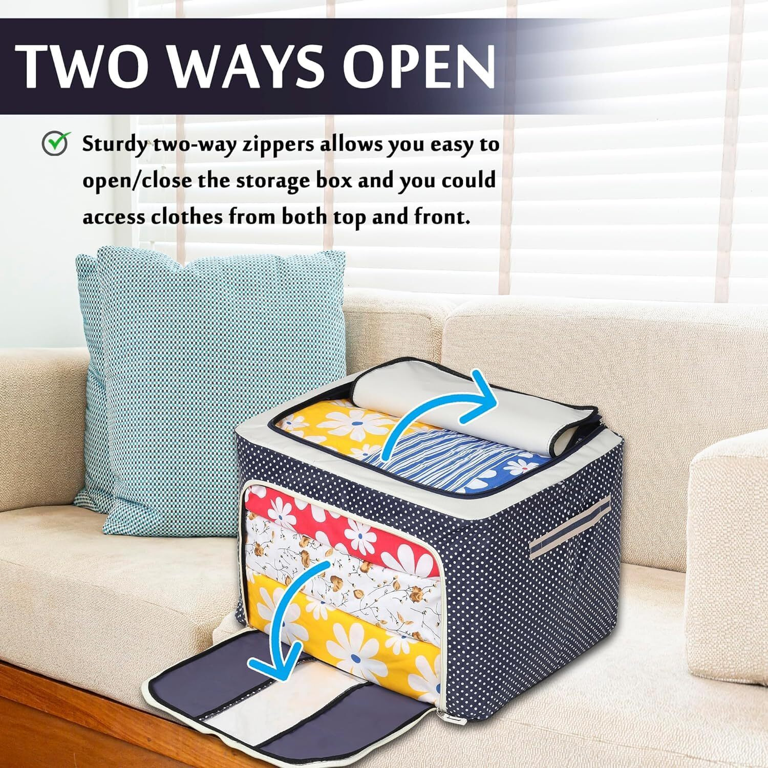 Clothes Organiser For Wardrobe 66 Liter Large Storage Box For Clothes Foldable Steel Frame Wardrobe Organizer Cloth Box With Zipper With Handle Organizer (66 Ltr - Pack of 2)