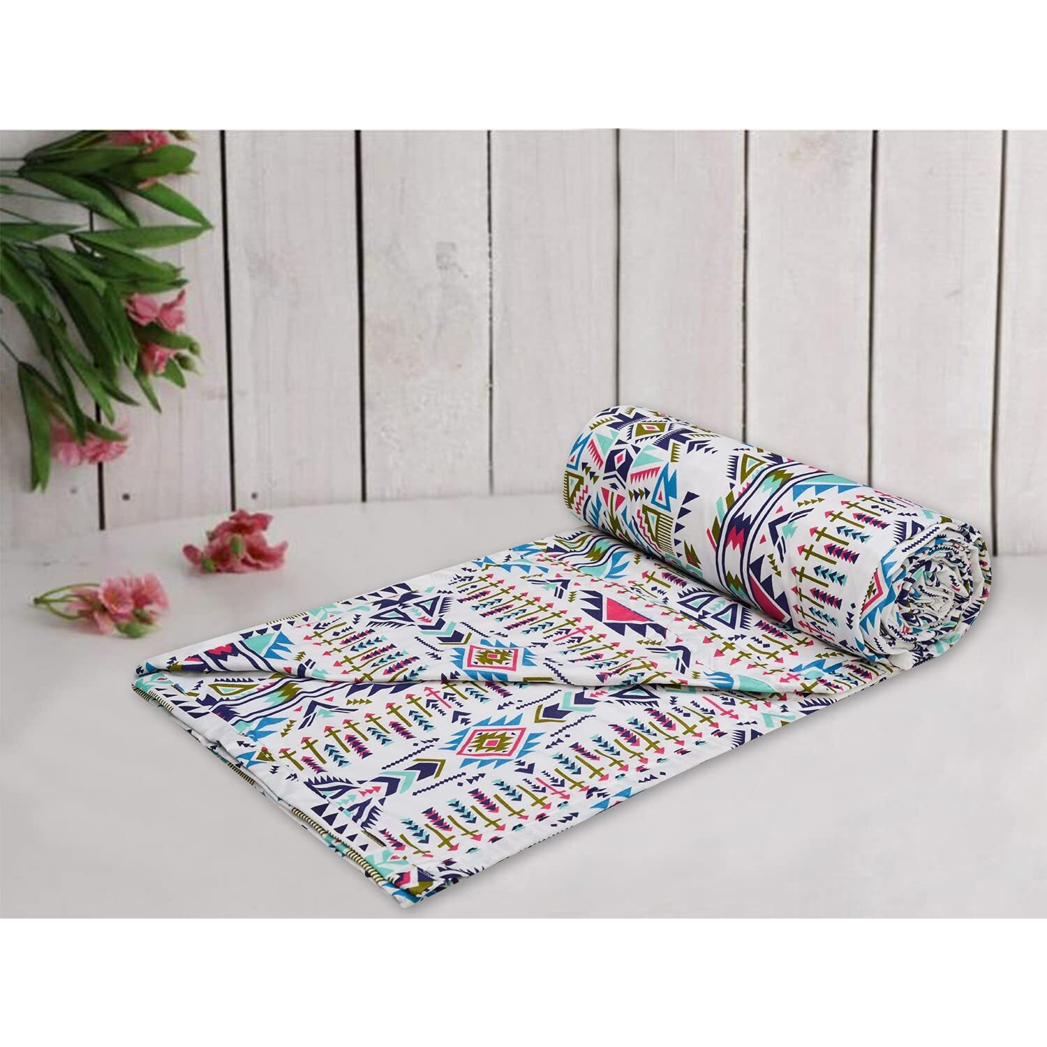 Trance Home Linen Pure Cotton Reversible Dohar Double Bed Size | AC Blanket Comforter | Soft Light-Weight Bed Blanket (84 x 88 inch, Azetic Sea Blue, Pack of 1)