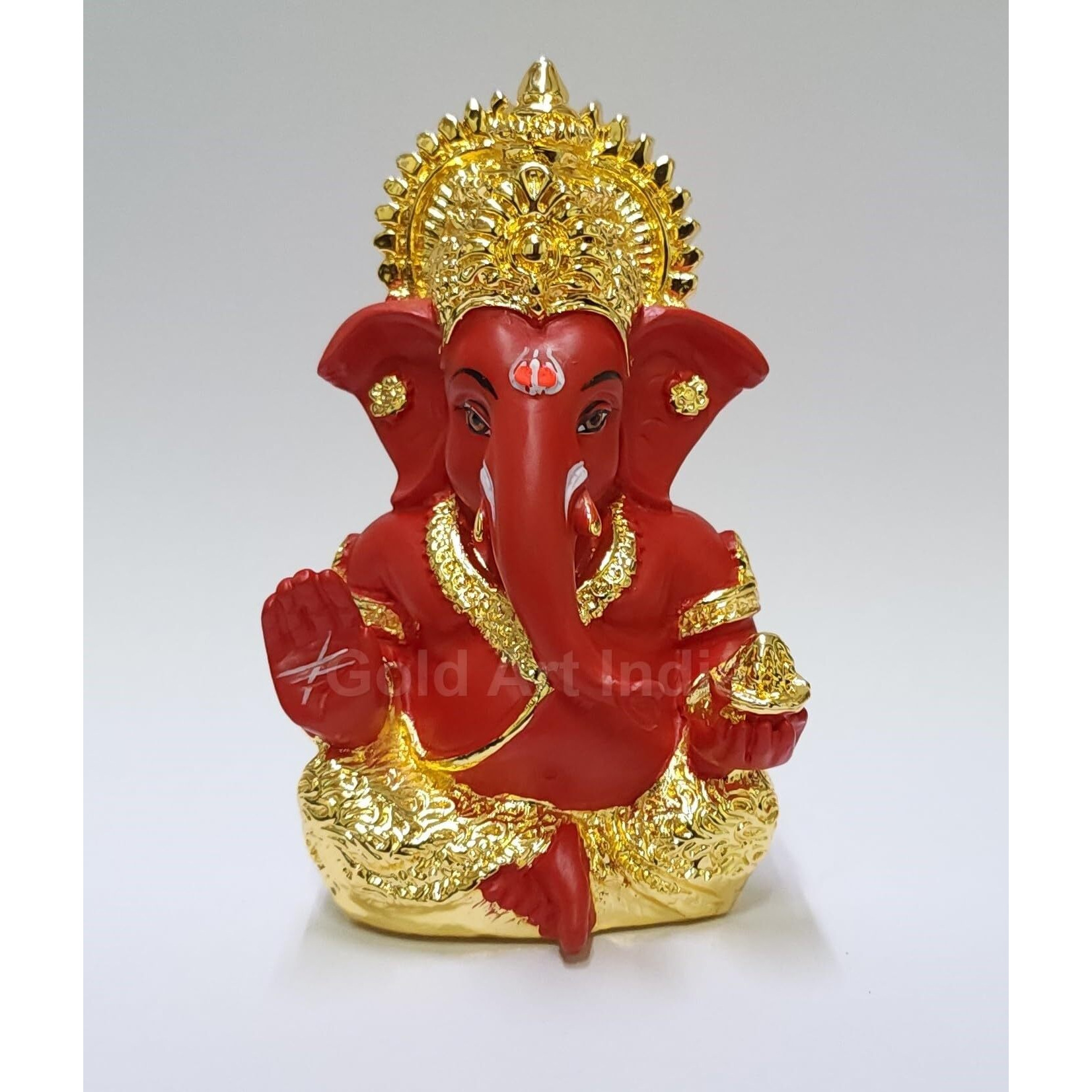 Gold Art India Ganesh Idol for Car Dashboard Ganesha Murti Ganpati Idol for Home Decor Puja Lord Ganesh Statue Gift for Office Desk Puja Room Figurine (Gold and Red, 3 x 3)