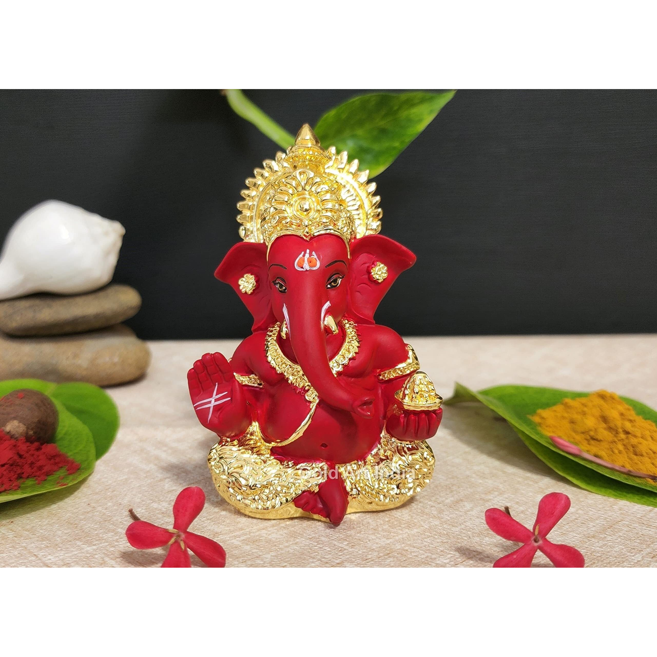 Gold Art India Ganesh Idol for Car Dashboard Ganesha Murti Ganpati Idol for Home Decor Puja Lord Ganesh Statue Gift for Office Desk Puja Room Figurine (Gold and Red, 3 x 3)
