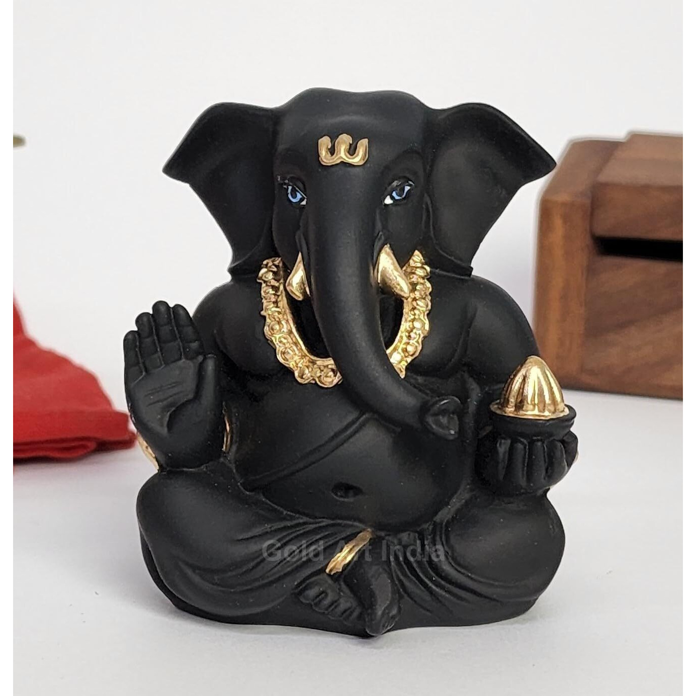 Gold Art India Black Terracotta Appu Ganesha with Gold Color Work for Car Dashboard Home Decor Gifting Diwali Birthday Festivals 3 x 2 Inches