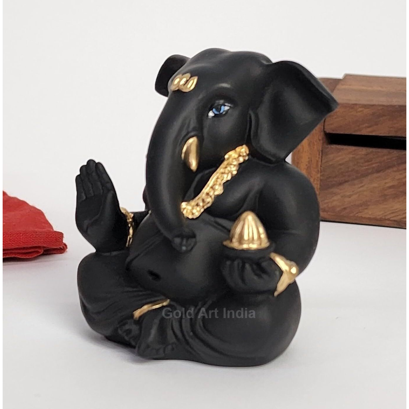 Gold Art India Black Terracotta Appu Ganesha with Gold Color Work for Car Dashboard Home Decor Gifting Diwali Birthday Festivals 3 x 2 Inches