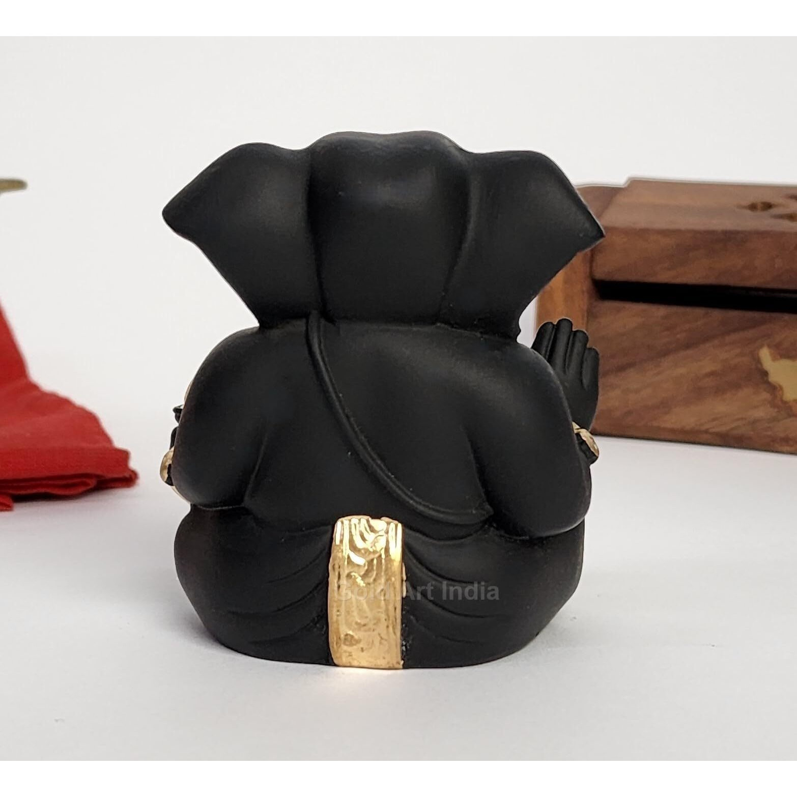 Gold Art India Black Terracotta Appu Ganesha with Gold Color Work for Car Dashboard Home Decor Gifting Diwali Birthday Festivals 3 x 2 Inches