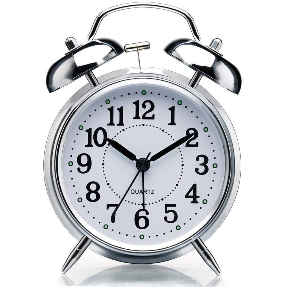 JASIFS Table Clock Retro Twin Bell Metal Frame Alarm Clock with Night Backlight Function and Silent Motion, High Volume Bedside Luminous Alarm for Students Bedroom/Office (Vinatge, Silver)