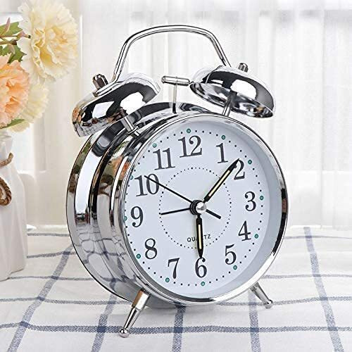 JASIFS Table Clock Retro Twin Bell Metal Frame Alarm Clock with Night Backlight Function and Silent Motion, High Volume Bedside Luminous Alarm for Students Bedroom/Office (Vinatge, Silver)