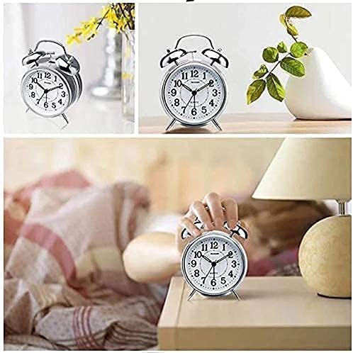 JASIFS Table Clock Retro Twin Bell Metal Frame Alarm Clock with Night Backlight Function and Silent Motion, High Volume Bedside Luminous Alarm for Students Bedroom/Office (Vinatge, Silver)