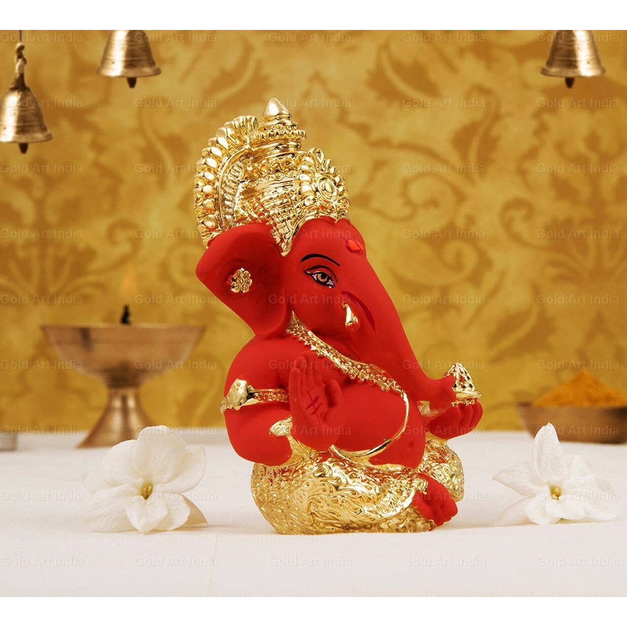 Gold Art India Gold And Silver Plated Gold And Orange Ganesh Idol For Car Dashboard Ganesha Murti Ganpati Idol For Home Decor Puja Lord Ganesh Statue Gift For Office Desk Puja Room Figurine