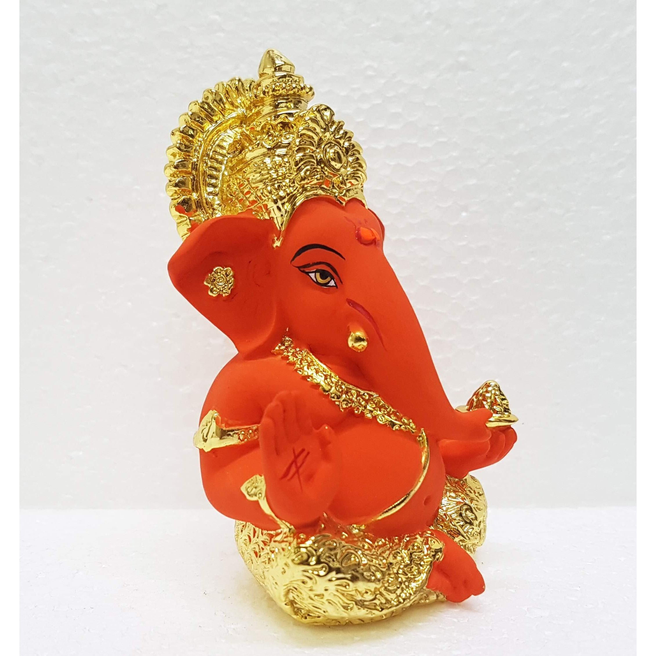 Gold Art India Ceramic Ganesha Idol Ganesh Idol For Car Dashboard Small Ganesha Murti Ganpati Idol For Home Decor Puja Lord Ganesh Statue Gift For Office Desk Puja Room Figurine - 3.5 Inch