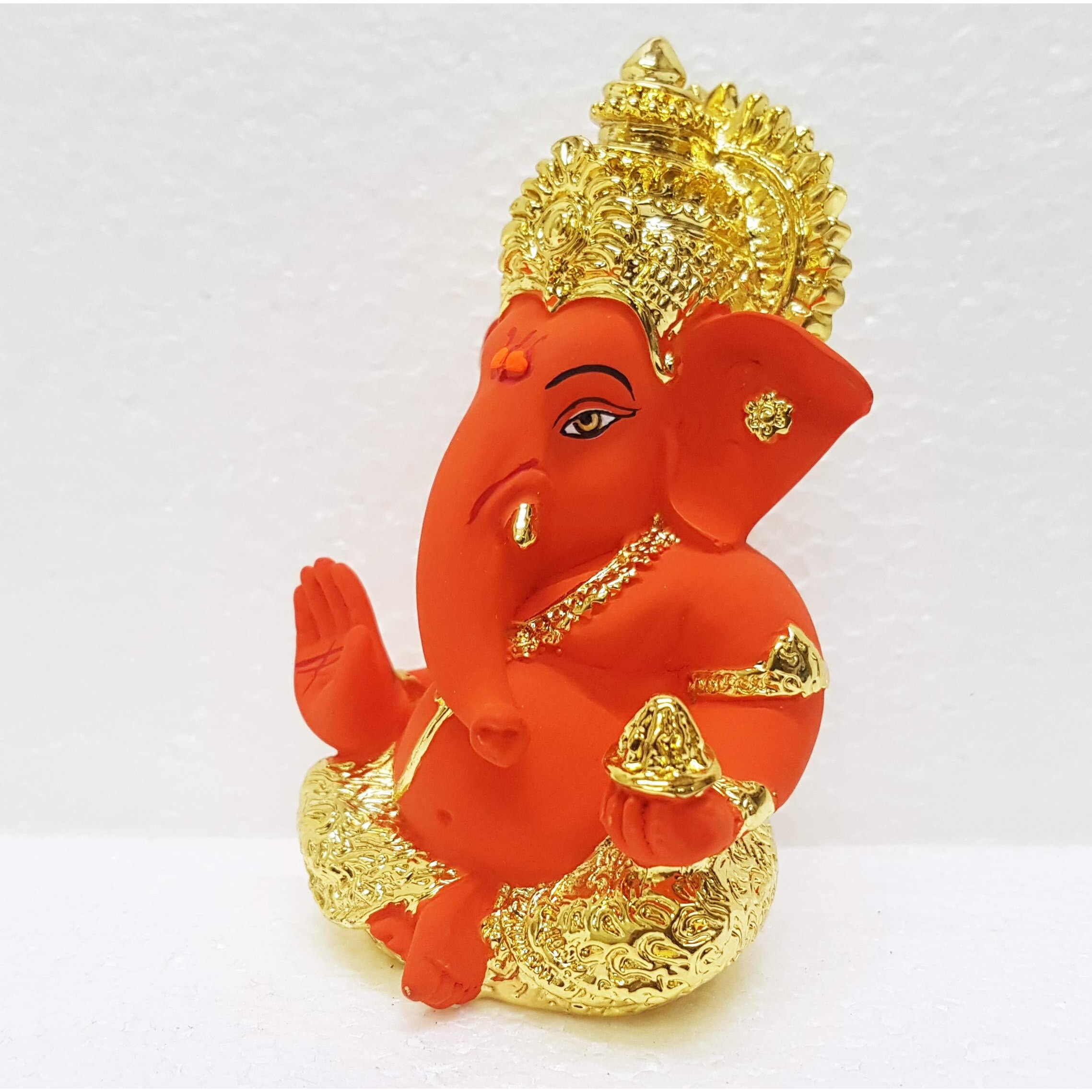 Gold Art India Ceramic Ganesha Idol Ganesh Idol For Car Dashboard Small Ganesha Murti Ganpati Idol For Home Decor Puja Lord Ganesh Statue Gift For Office Desk Puja Room Figurine - 3.5 Inch