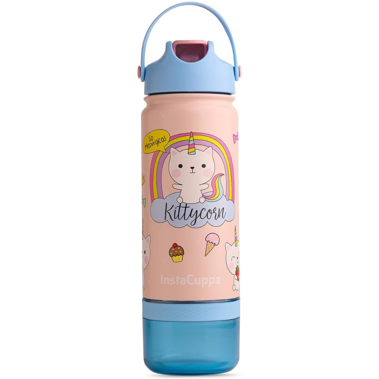 InstaCuppa Kids Insulated Stainless Steel Water Bottle with Straw Lid & Detachable Snack Box, Leakproof, Wide Mouth, BPA-Free - Perfect for School and Travel, Kitty Print, 500 ML + 60 Grams Snack Box