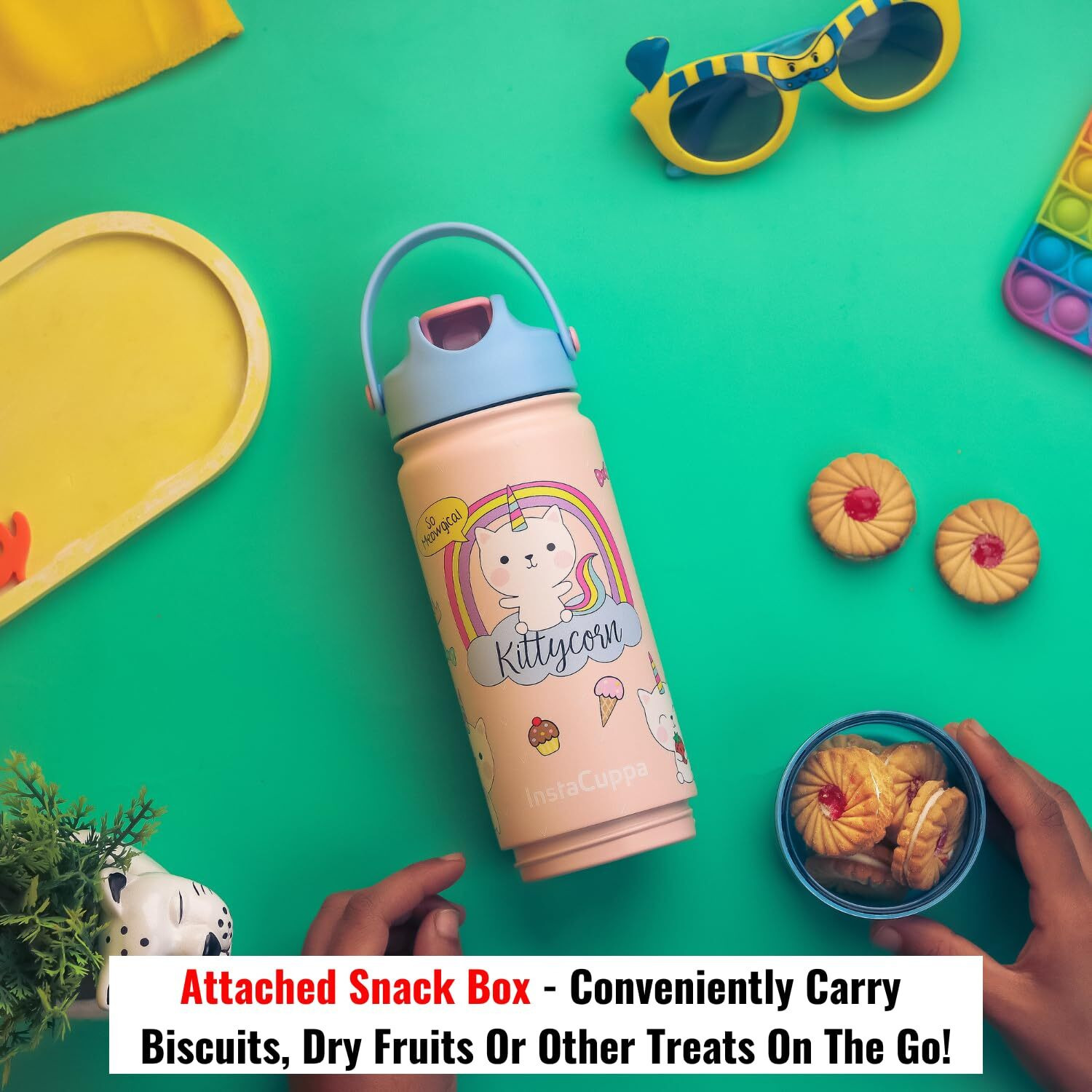 InstaCuppa Kids Insulated Stainless Steel Water Bottle with Straw Lid & Detachable Snack Box, Leakproof, Wide Mouth, BPA-Free - Perfect for School and Travel, Kitty Print, 500 ML + 60 Grams Snack Box