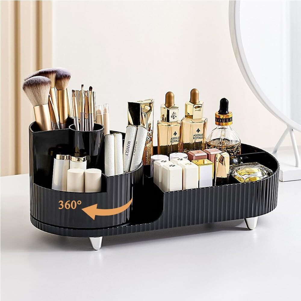 HOME CUBE Rotating Makeup Organizer For Vanity, 360 Rotating Bathroom Organizer, Cosmetic Toiletries Perfume Storage Organizer for Dressing Table Countertop Bedroom Bathroom Makeup Room (Black)