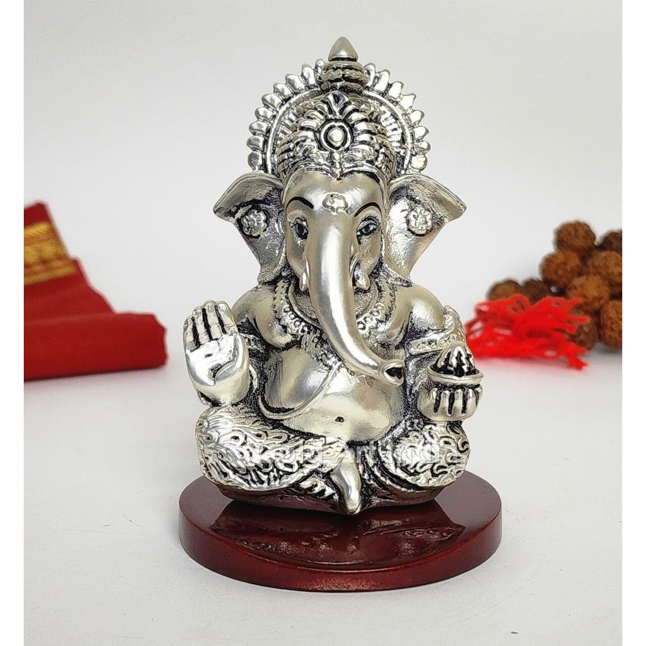 Gold Art India Ganpati Idol with Silver Antique Finish | Ganesha murti for Home Decor | Ganesh Statue for Car Dashboard | Ganpati ji murti for Puja | (MUKUTSILANTIQMATTEMDF) (3.5 x 2.5)
