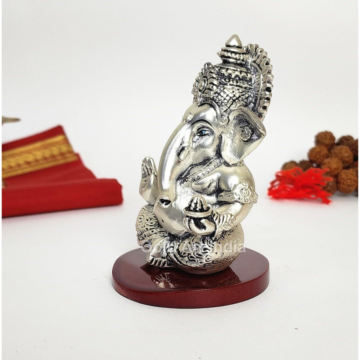 Gold Art India Ganpati Idol with Silver Antique Finish | Ganesha murti for Home Decor | Ganesh Statue for Car Dashboard | Ganpati ji murti for Puja | (MUKUTSILANTIQMATTEMDF) (3.5 x 2.5)