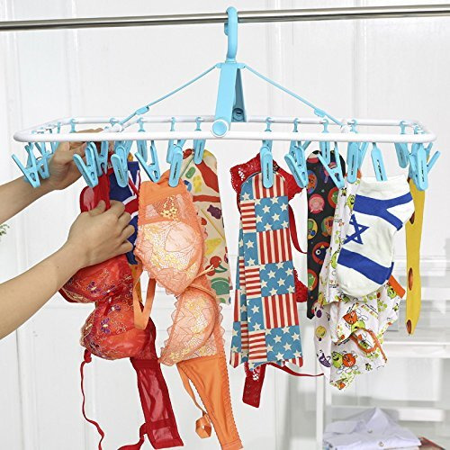 Umi. Plastic 360 Degree Portable Folding Clothes Drying Rack Space Saving Travel Rotatable Clips, Clothesline Hanging Underwear Socks -(32 Clips), Multicolor