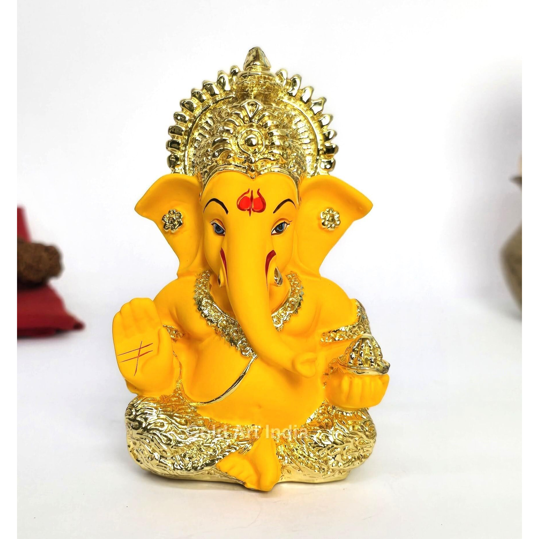 Gold Art India Gold Plated Ganesha with Mango Terracotta Work - 3.5 Inch Height for Home Decor/Office Desk/Car Dashboard (MukutMangoGold)