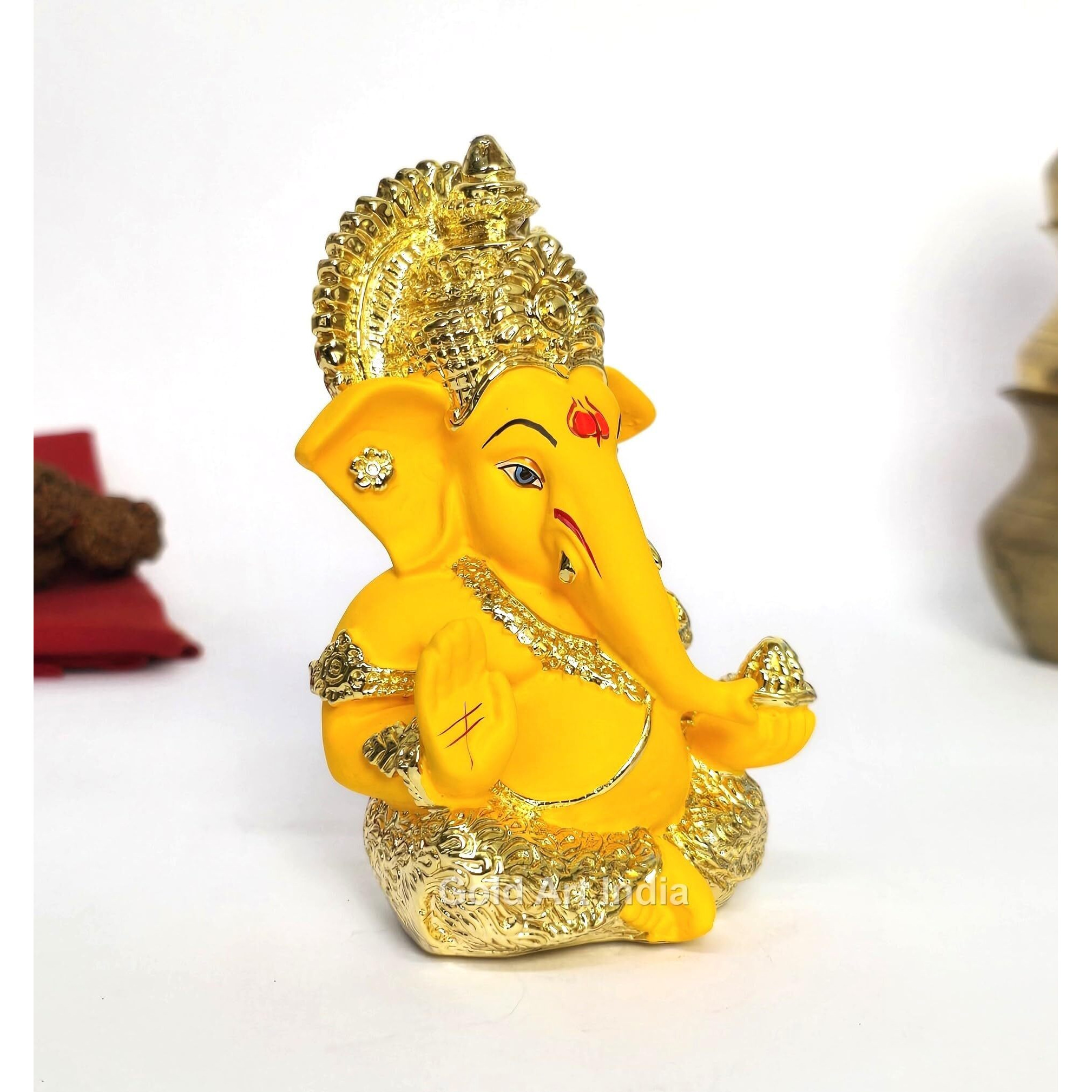 Gold Art India Gold Plated Ganesha with Mango Terracotta Work - 3.5 Inch Height for Home Decor/Office Desk/Car Dashboard (MukutMangoGold)