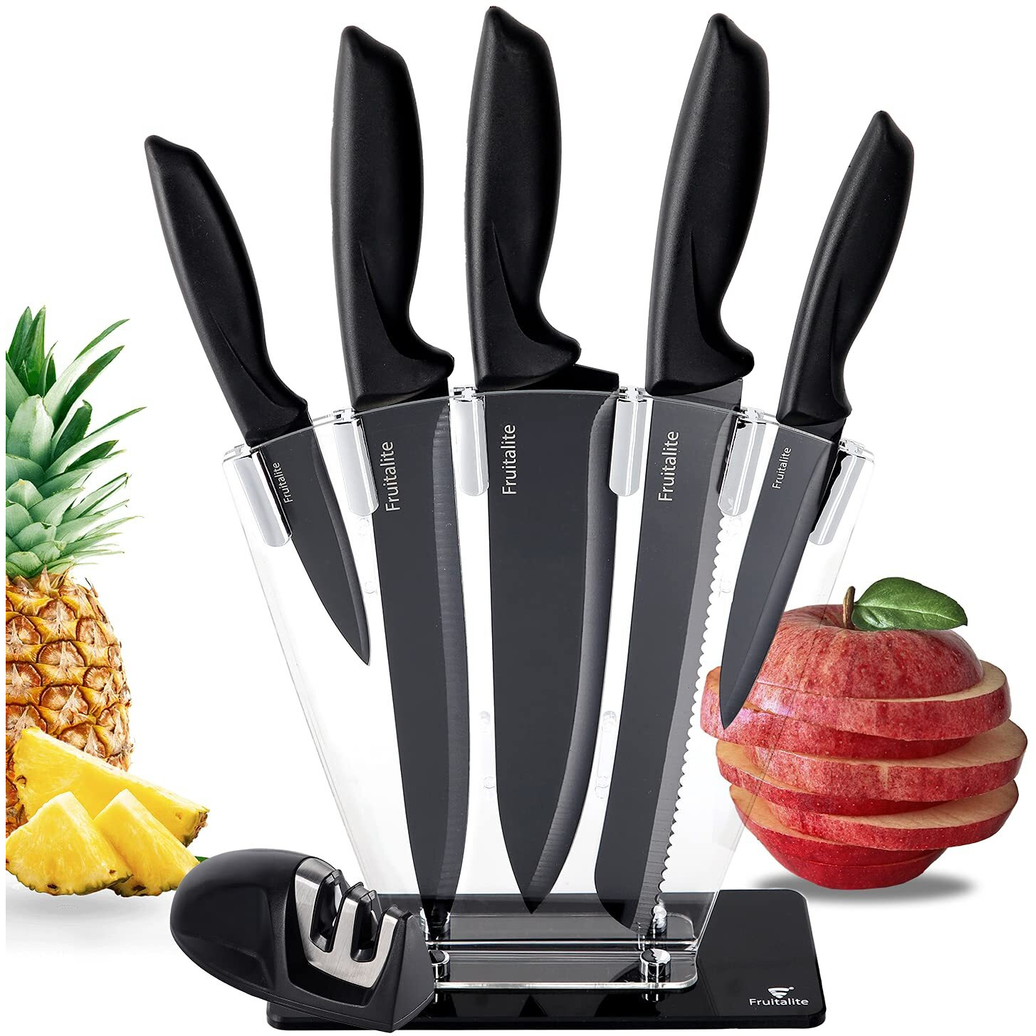 Fruitalite 7 Pieces Kitchen Knife Set with Acrylic Stand & Sharpener- Stainless Steel Blades with Non-Stick Coating | Premium Professional Sharp Chef Knives | Non-Slip Ergonomic Handle- Black