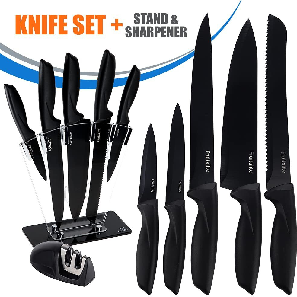 Fruitalite 7 Pieces Kitchen Knife Set with Acrylic Stand & Sharpener- Stainless Steel Blades with Non-Stick Coating | Premium Professional Sharp Chef Knives | Non-Slip Ergonomic Handle- Black