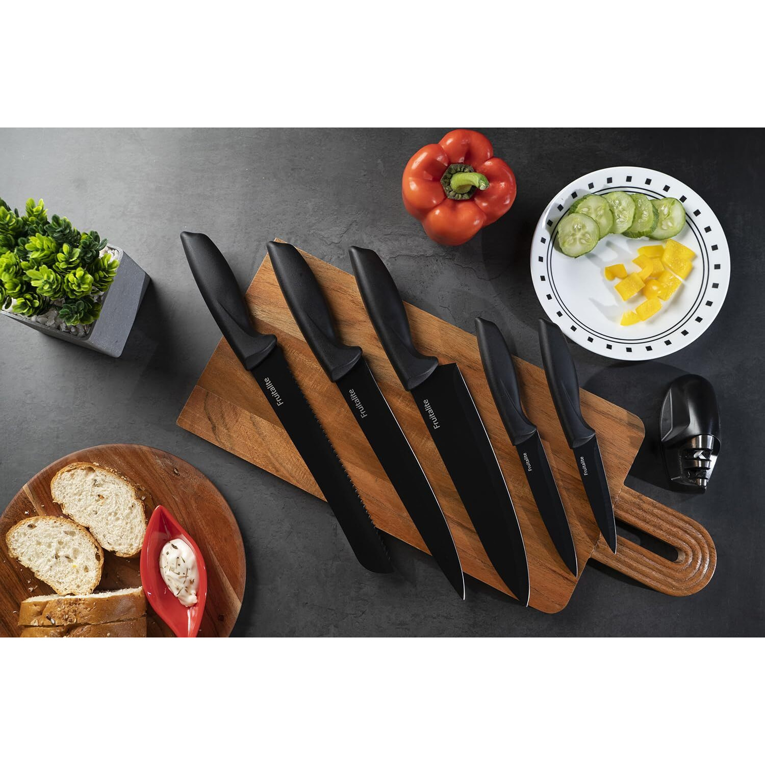 Fruitalite 7 Pieces Kitchen Knife Set with Acrylic Stand & Sharpener- Stainless Steel Blades with Non-Stick Coating | Premium Professional Sharp Chef Knives | Non-Slip Ergonomic Handle- Black