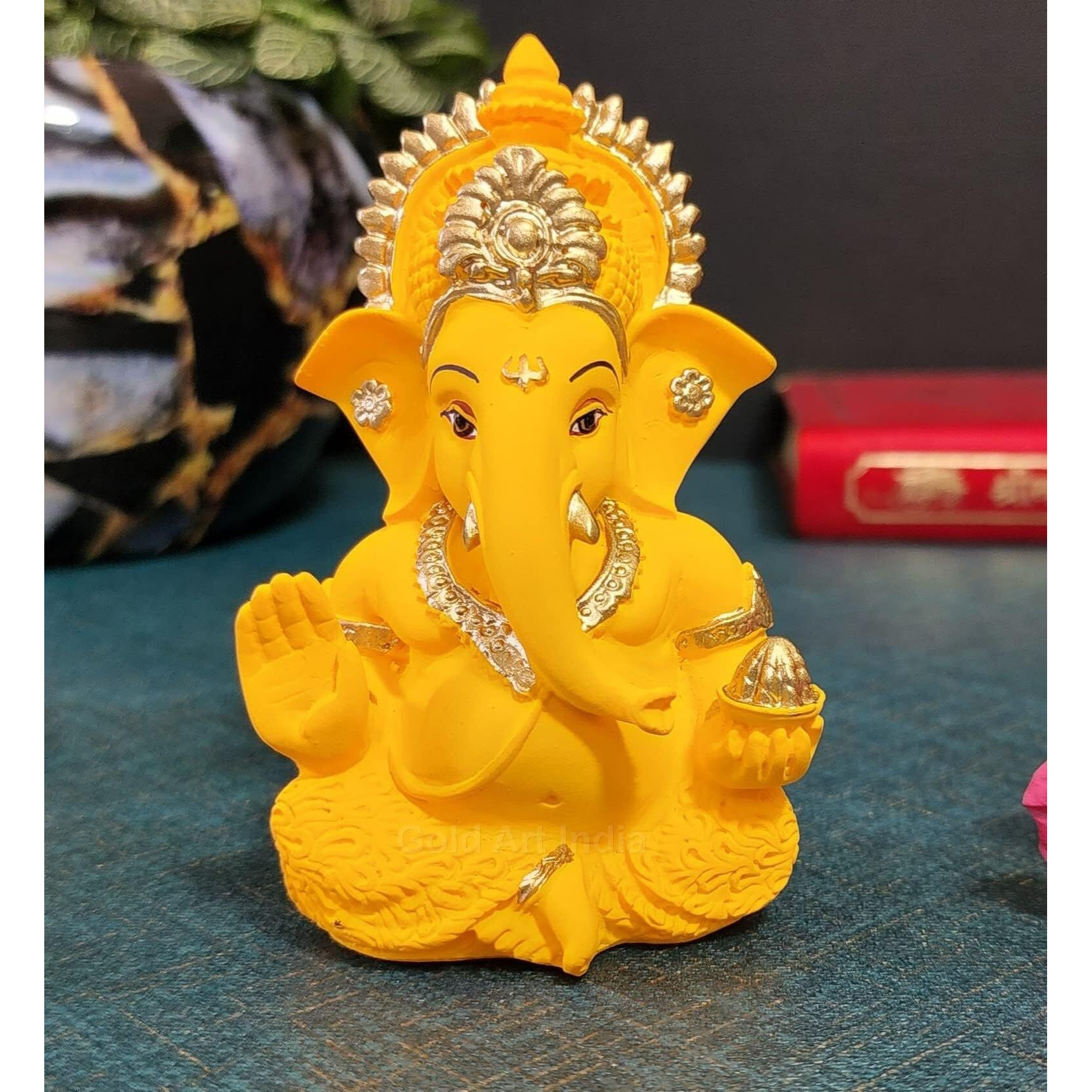 Gold Art India Yellow Mukut Ganesha - Good for Divine Home/Office Decor, Car Dashboard Idol, Housewarming Gift(Mukut Yellow Terracotta 3.5)