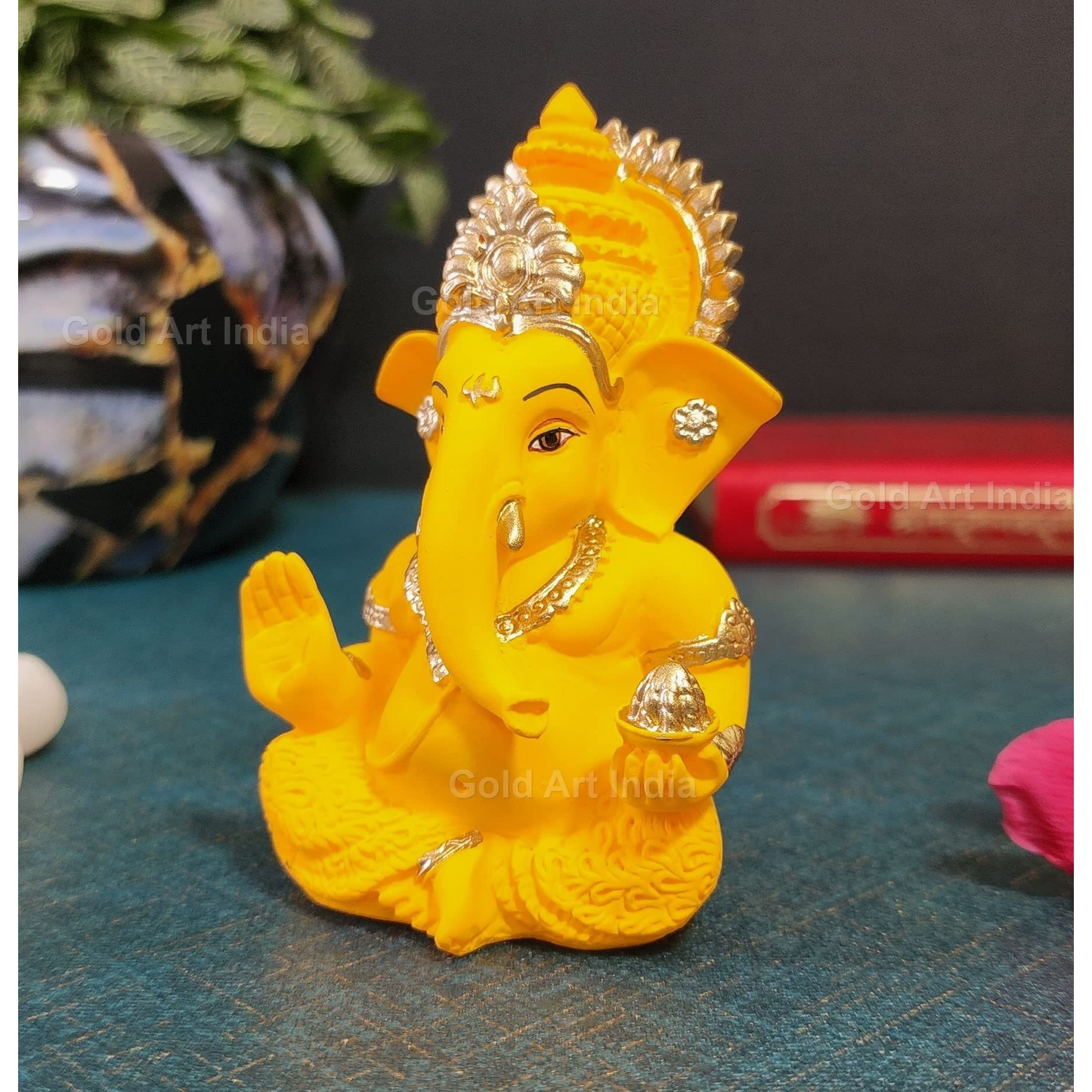 Gold Art India Yellow Mukut Ganesha - Good for Divine Home/Office Decor, Car Dashboard Idol, Housewarming Gift(Mukut Yellow Terracotta 3.5)