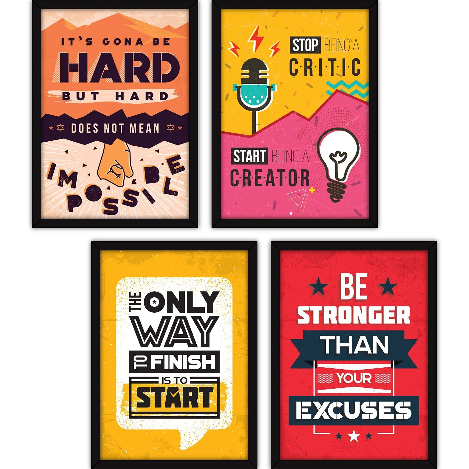 FATMUG Synthetic Modern Motivational Quote Wall Art Frames With Glass - Set Of 4 (Multicolour, A3)