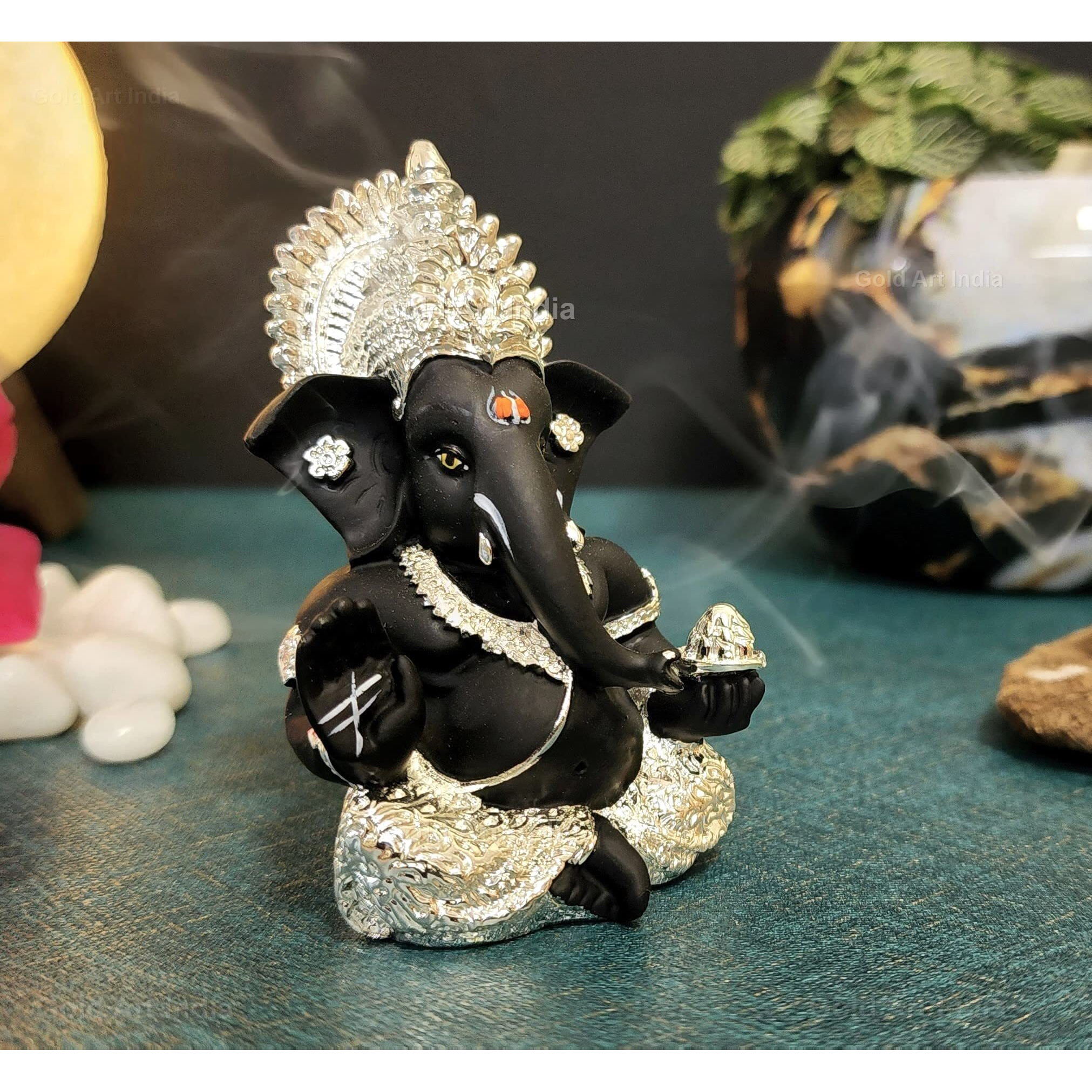 Gold Art India 999 Silver Plated Idol for Ganesh Idol for Car Dashboard God Ganesha Idol for Home Decor Ganpati for Gift Silver Mukut Silver Black