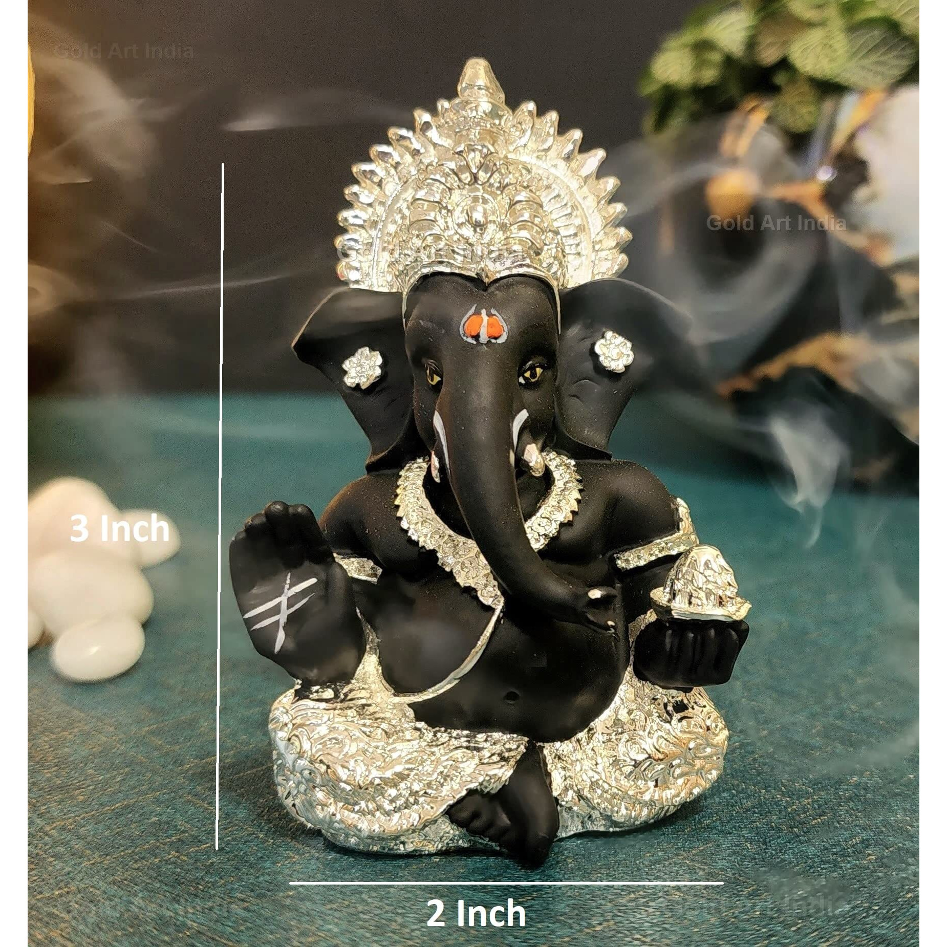 Gold Art India 999 Silver Plated Idol for Ganesh Idol for Car Dashboard God Ganesha Idol for Home Decor Ganpati for Gift Silver Mukut Silver Black