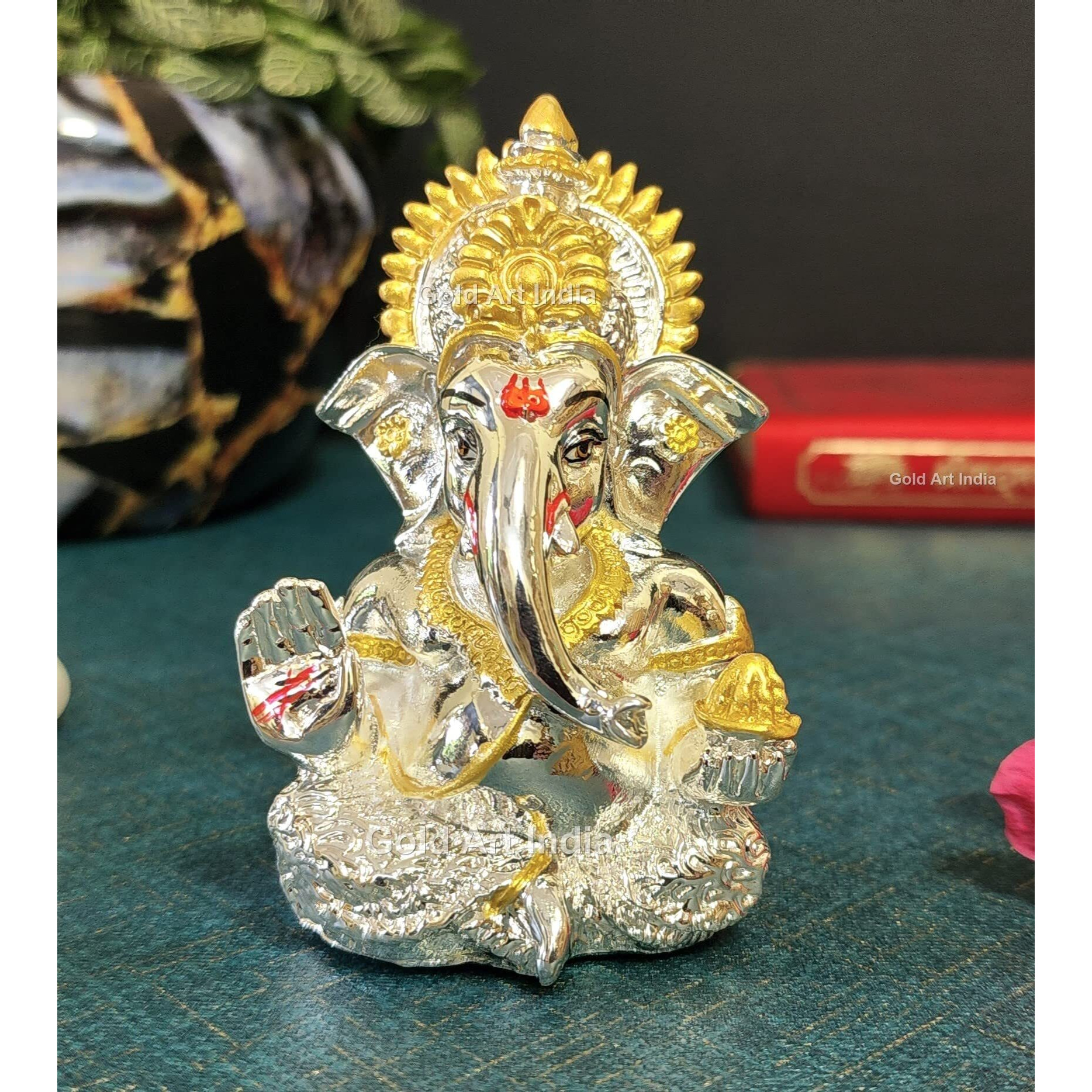 Gold Art India 999 Silver Plated Ganesha Idol for car Dashboard, Office & Home Shelves, Diwali Puja, and Gifting (3.5 x2 inches)