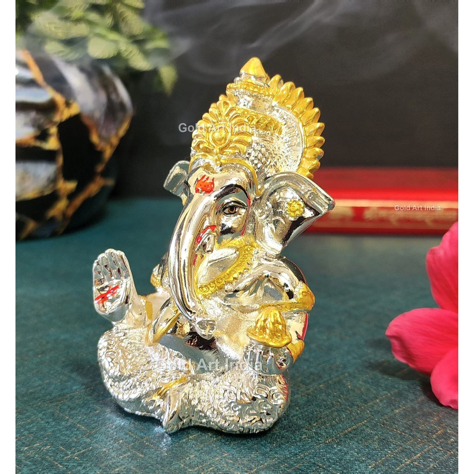 Gold Art India 999 Silver Plated Ganesha Idol for car Dashboard, Office & Home Shelves, Diwali Puja, and Gifting (3.5 x2 inches)