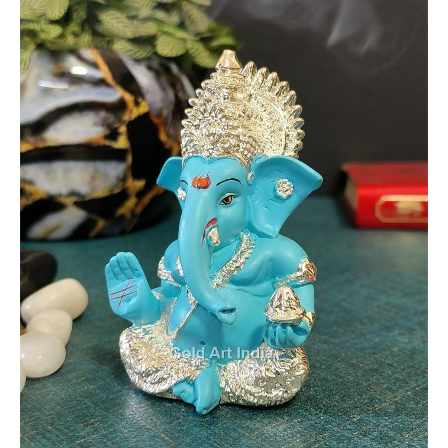 Gold Art India 999 Silver Plated Ganesh Idol for Car Dashboard God Ganesha Idol for Home Decor Ganpati for Gift 3.5 inches (Silver) (Silver Fountain Blue)