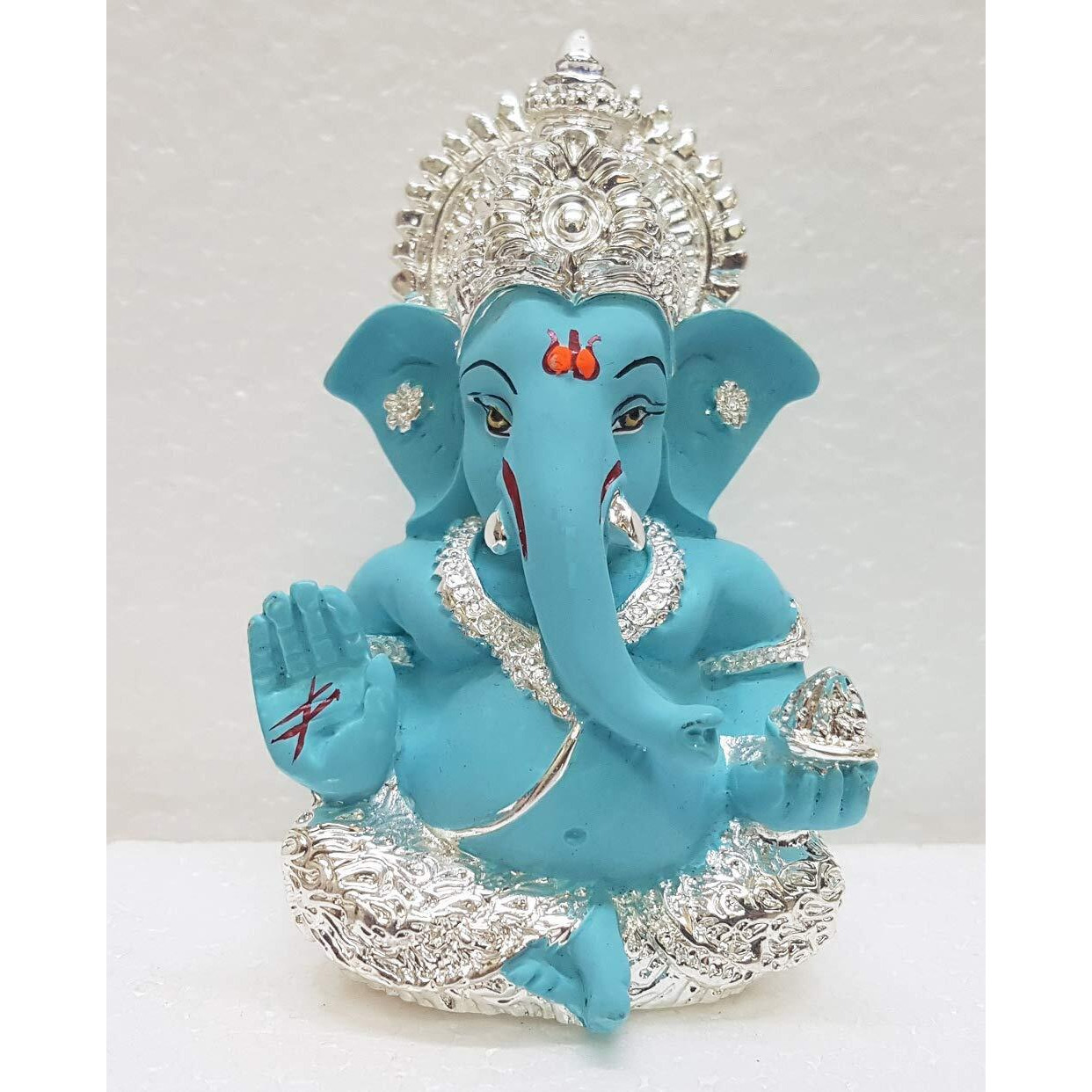 Gold Art India 999 Silver Plated Ganesh Idol for Car Dashboard God Ganesha Idol for Home Decor Ganpati for Gift 3.5 inches (Silver) (Silver Fountain Blue)