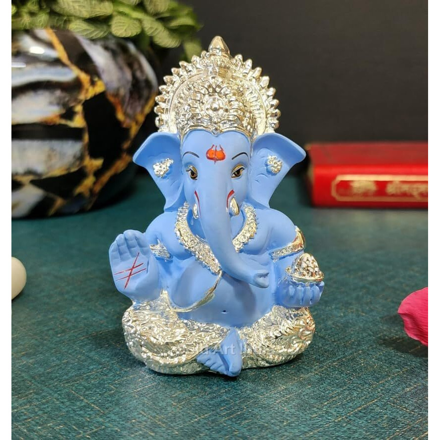 Gold Art India 999 Silver Plated Idol for Ganesh Idol for Car Dashboard God Ganesha Idol for Home Decor Ganpati for Gift 3.5 inches (Silver) (Silver Sky Blue)