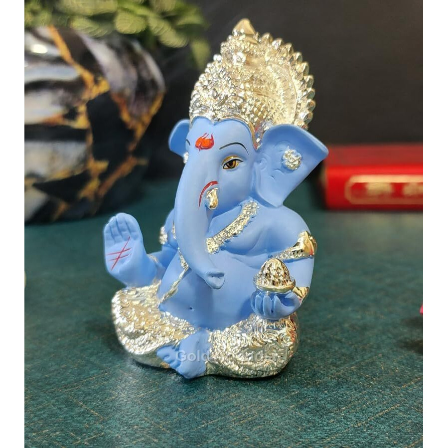 Gold Art India 999 Silver Plated Idol for Ganesh Idol for Car Dashboard God Ganesha Idol for Home Decor Ganpati for Gift 3.5 inches (Silver) (Silver Sky Blue)
