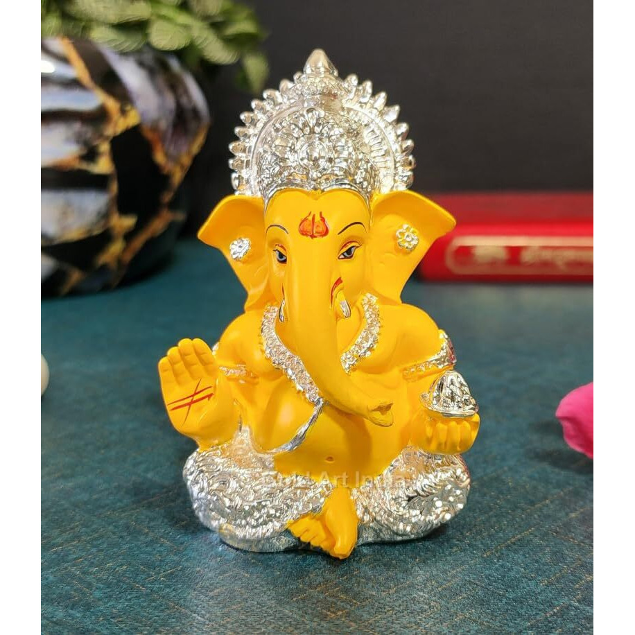 Gold Art India 999 Silver Plated Ganesh Idol for Car Dashboard God Ganesha Idol for Home Decor Ganpati for Gift Office Table Shelves Gifting Idol 3.5 inches Silver Mango